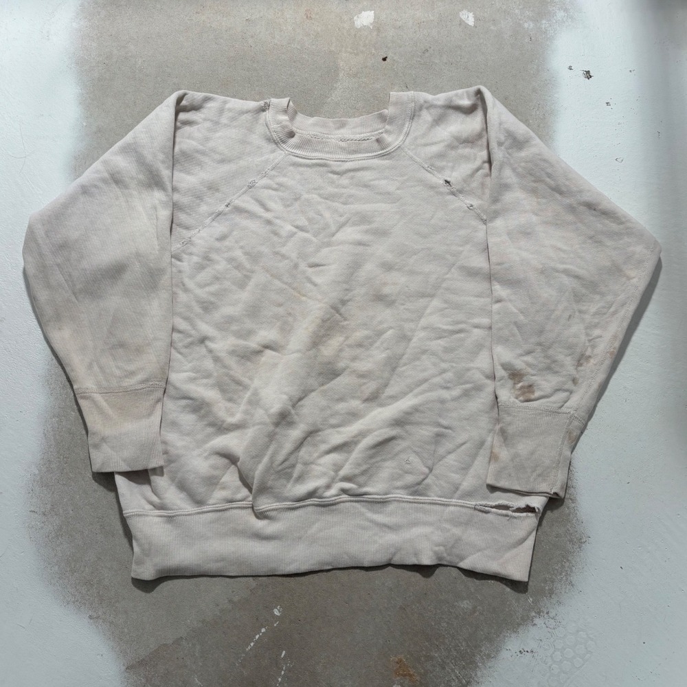 Vintage Distressed Raglan Sweatshirt Cream Off-White Blank Crewneck Mens L/XL